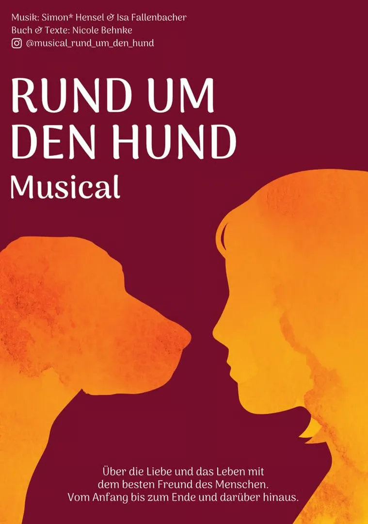 Plakat des Musicals „Rund um den Hund“: Silhouetten von Hund und Mensch in Orange auf Bordeaux